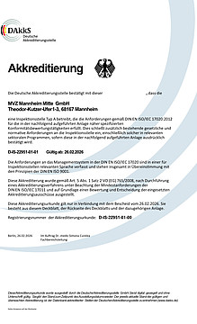 Akkreditierungsurkunde der Deutschen Akkreditierungsstelle für das MVZ Mannheim Mitte GmbH.
