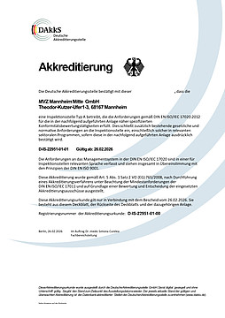 Akkreditierungsurkunde der Deutschen Akkreditierungsstelle für das MVZ Mannheim Mitte GmbH.